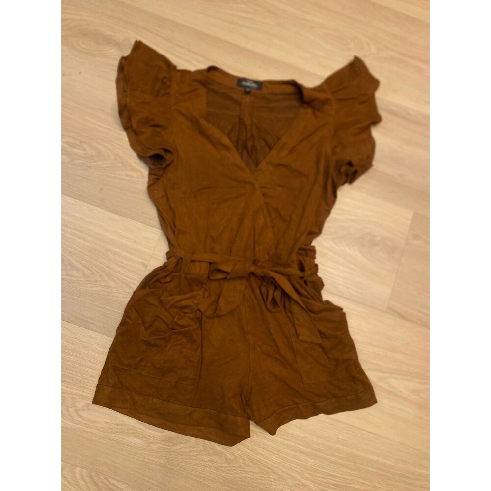 Bebe Addiction Brown Suede Shortall Jumpsuit Size Medium Belted With Pockets